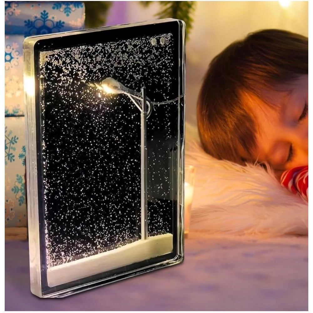 Transparent wood snowfall night light with street light design, adds warm ambiance to any room decor