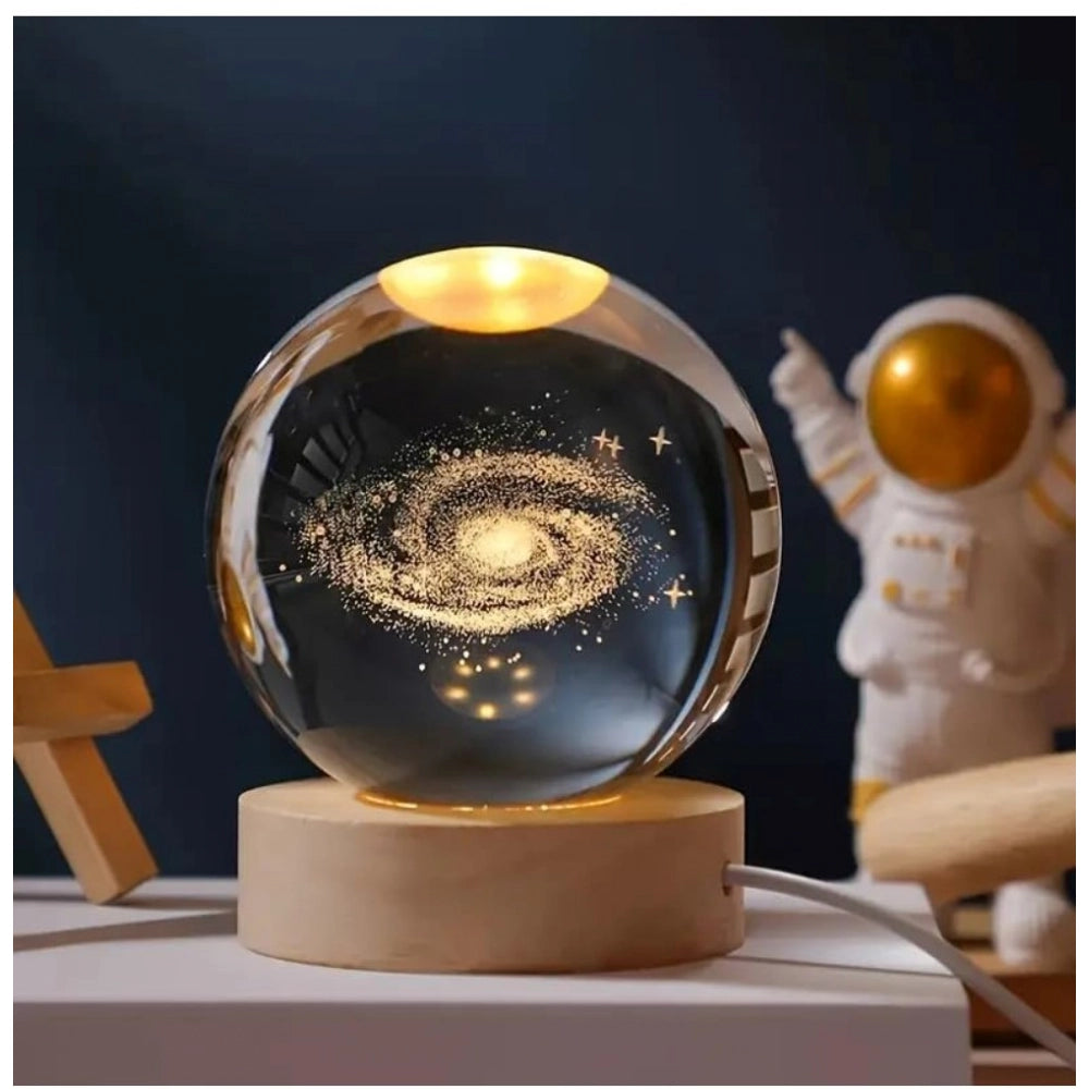 Transparent wood night light, 3D galaxy crystal ball design, warm white LED