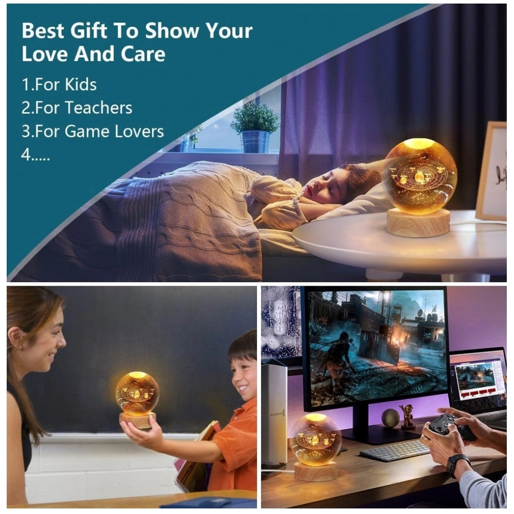 Transparent wooden night light, 3D galaxy crystal ball with colorful LEDs, solar system design