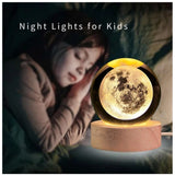 Transparent wooden 3D moon crystal ball night lamp with colorful LED, decorative home night light