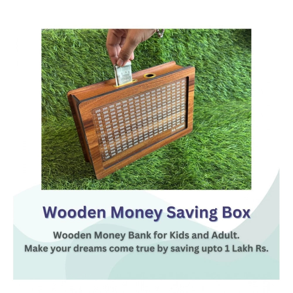 Brown wooden piggy bank, carved design kids money saving box for toys
