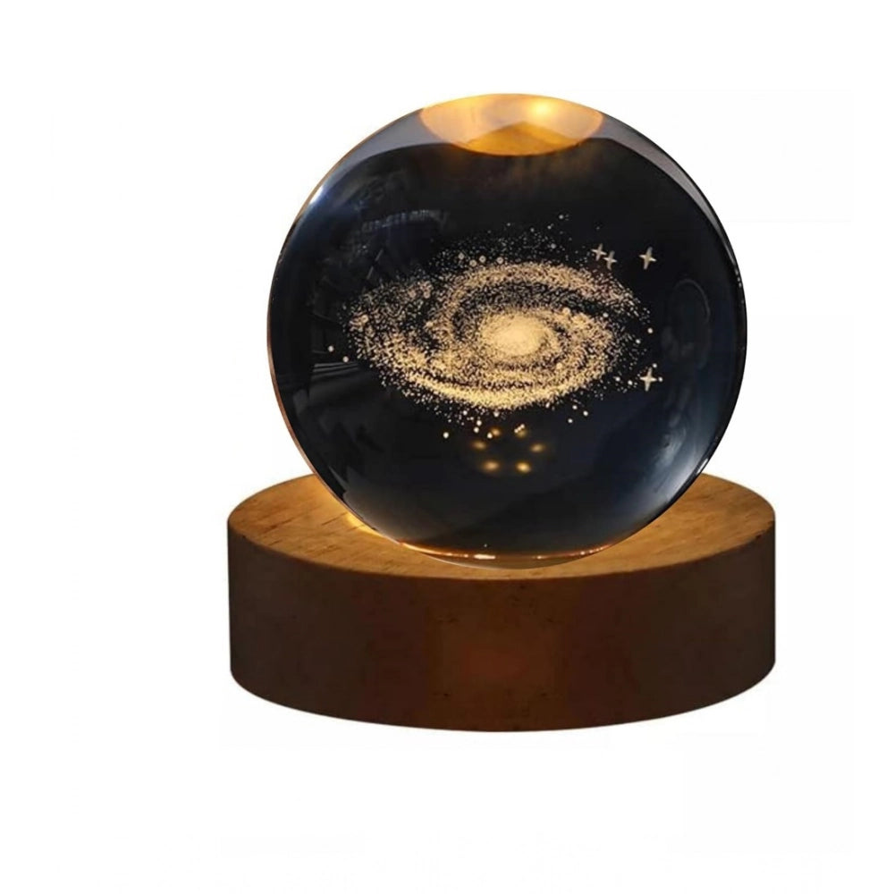 Transparent wooden galaxy night light, features 3D crystal ball design with warm white LED, ideal for bedroom ambiance