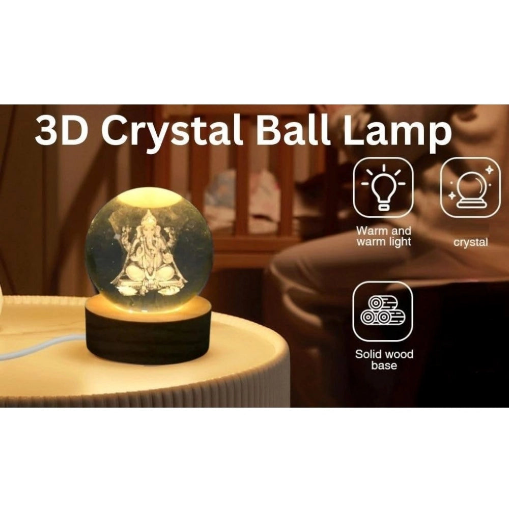 Transparent wood Lord Ganesh Ji crystal ball night light, intricate detailing, home decor accent piece
