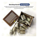 Brown wooden piggy bank with carved design for kid's money savings, detailed carvings highlight children's toy