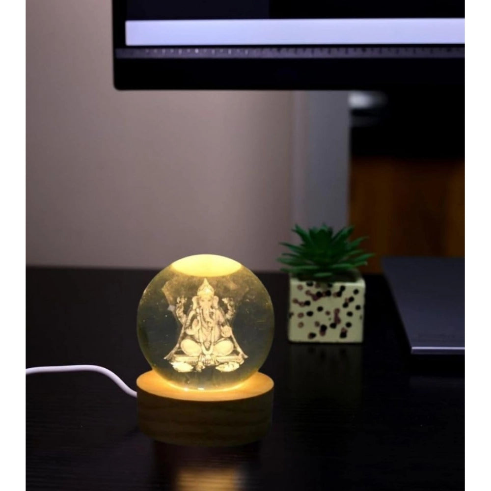 Transparent wood Lord Ganesh Ji crystal ball night light, elegant home decor accent piece on table