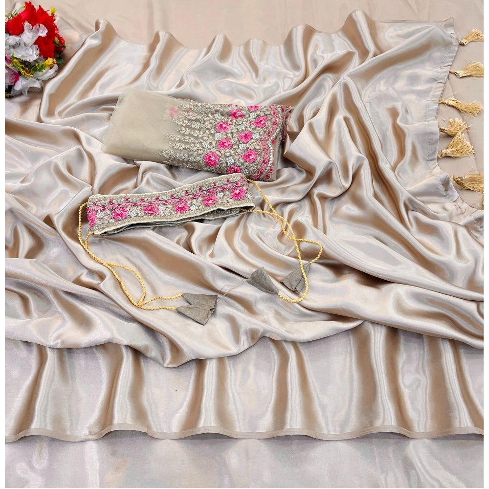 Beige satin solid saree with unstitched blouse (5-5 mtrs), ideal for traditional Indian wear