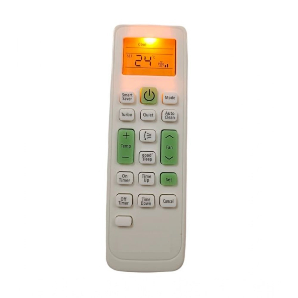 White Samsung AC Remote Control No.90 with Backlight, long-range ergonomic design for comfortable device operation from sofa, divan, or bed