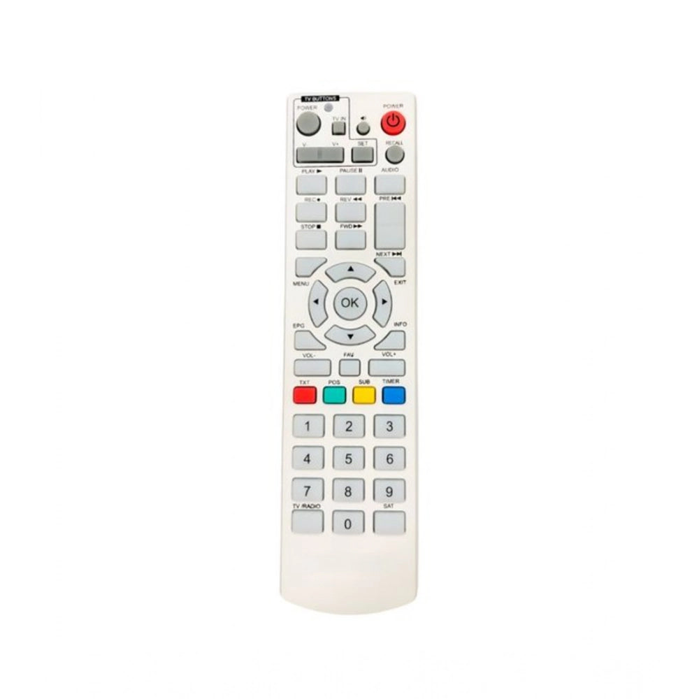 White solid free Dish DTH Remote No.1202 for long-distance device control from sofa, divan, or bed. Ergonomic design with lightweight easy grip