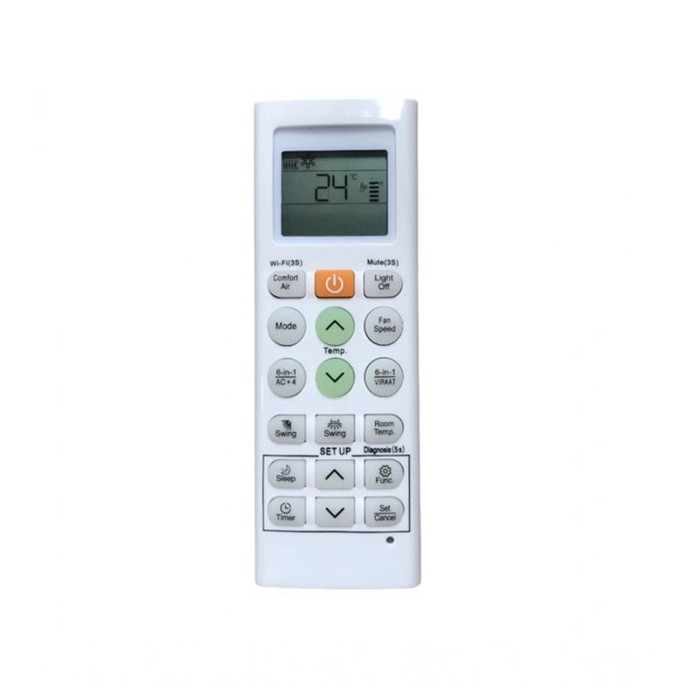 White ergonomic 6-in-1 VIRAAT LG AC remote for long-range, comfortable control from sofa/divan/bed