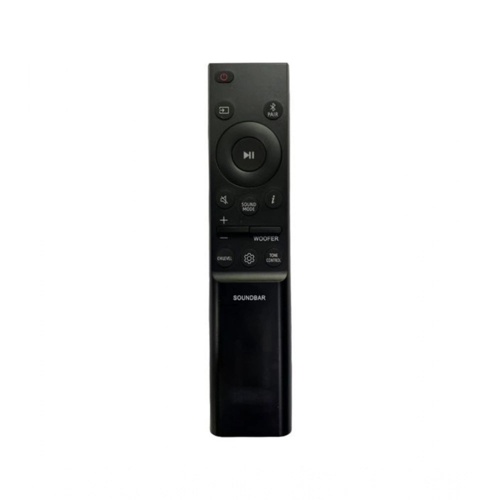 Black Samsung home theatre sound bar remote control, ergonomic design for easy grip, long-range operation from sofa or bed