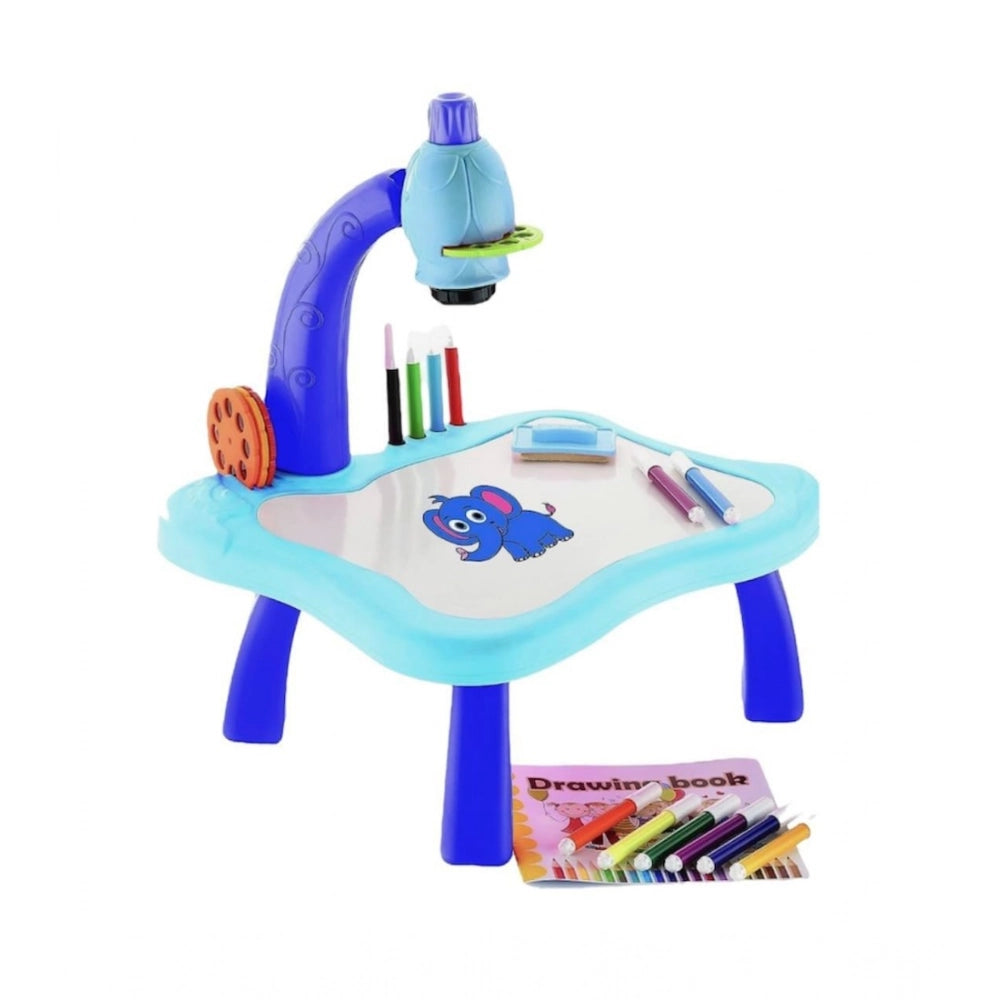 The table is a child's drawing station with a projector. It has a blue base, various colored pencils on it, and a small book