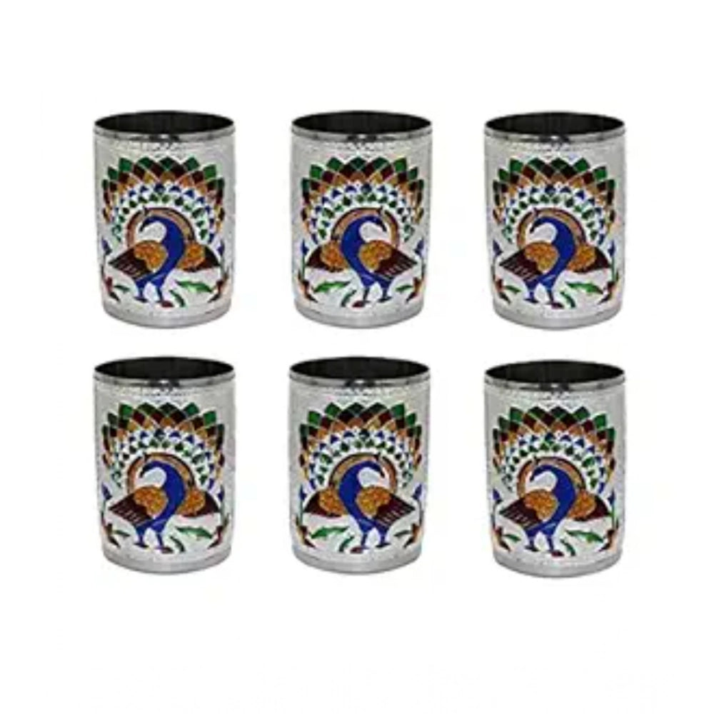 Silver steel Meenakari peacock design decorative glass tumbler set, intricate peacock motif on display