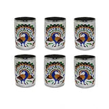 Silver steel Meenakari peacock design decorative glass tumbler set, intricate peacock motif on display