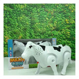 Multicolor plastic electric milk cow toy with moving legs and shaking tail, great for children's playtime