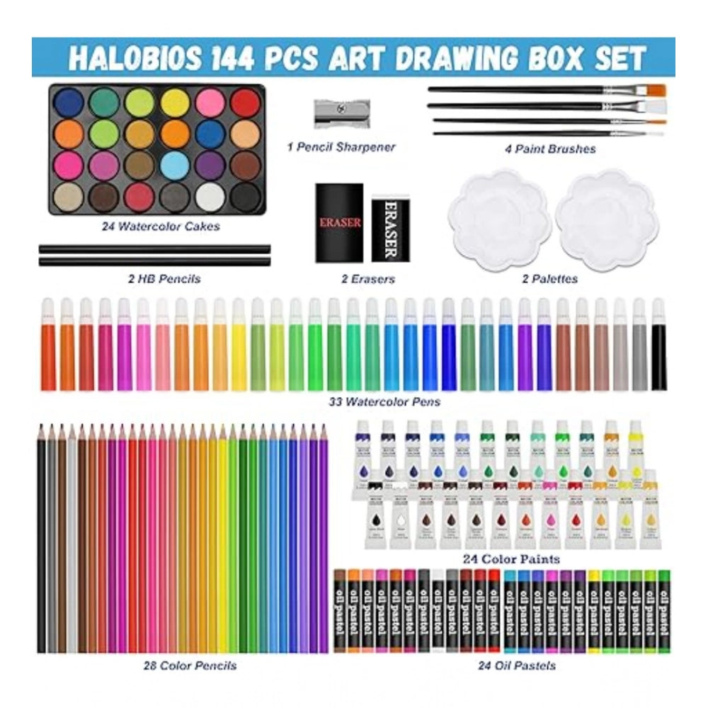 Multicolor plastic deluxe art set box with 145 pieces
