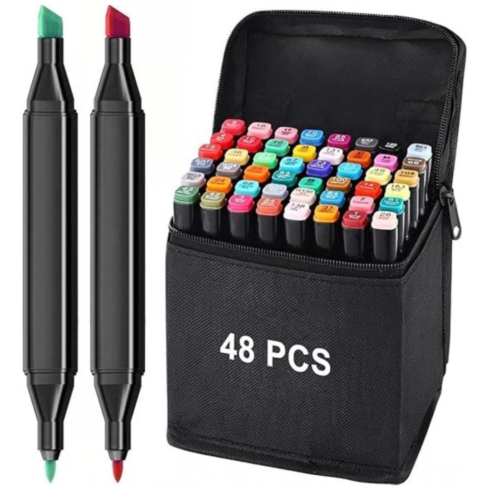 Multiple 48-piece color art marker sets with black caps and dual tips, in a portable pencil case