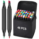 Multiple 48-piece color art marker sets with black caps and dual tips, in a portable pencil case