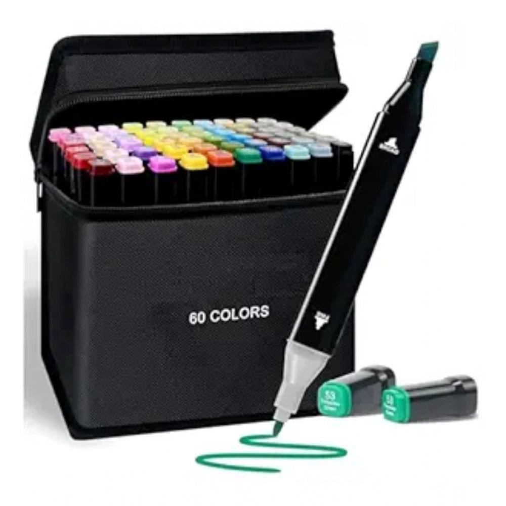Set of 60 dual tip plastic art markers in a case, with multiple colors displayed