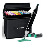 Set of 60 dual tip plastic art markers in a case, with multiple colors displayed