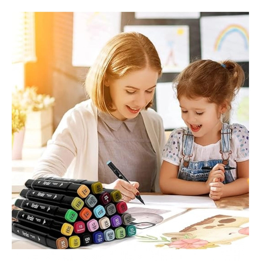 Plastic art markers with dual tips for sketching and painting, in a variety of colors