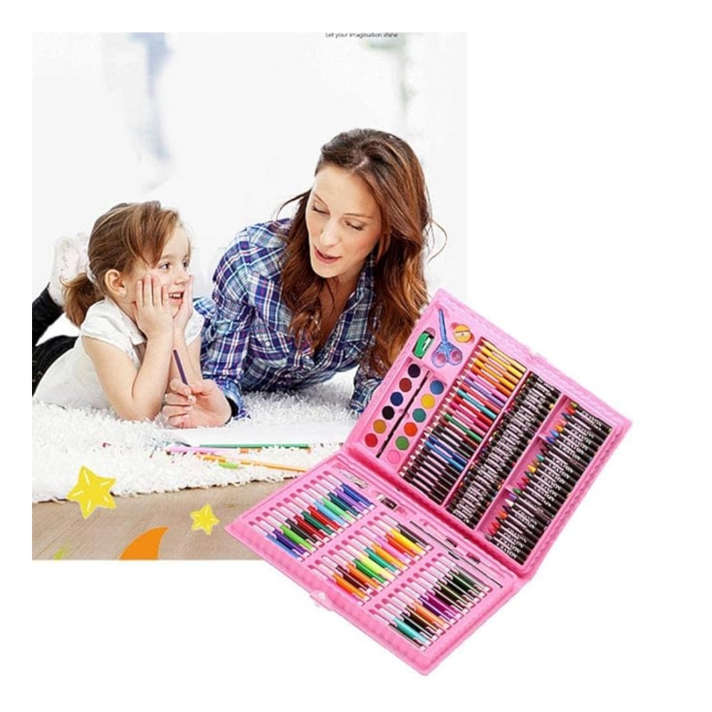 Plastic deluxe art set with drawing and painting supplies, including drawing board, erasers, pencils, markers, crayons, and scissors
