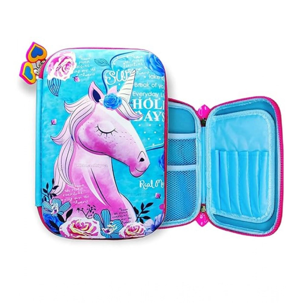 A multicolored plastic pencil box embossed with a unicorn design