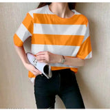 Orange and white striped women's short sleeve T-shirt