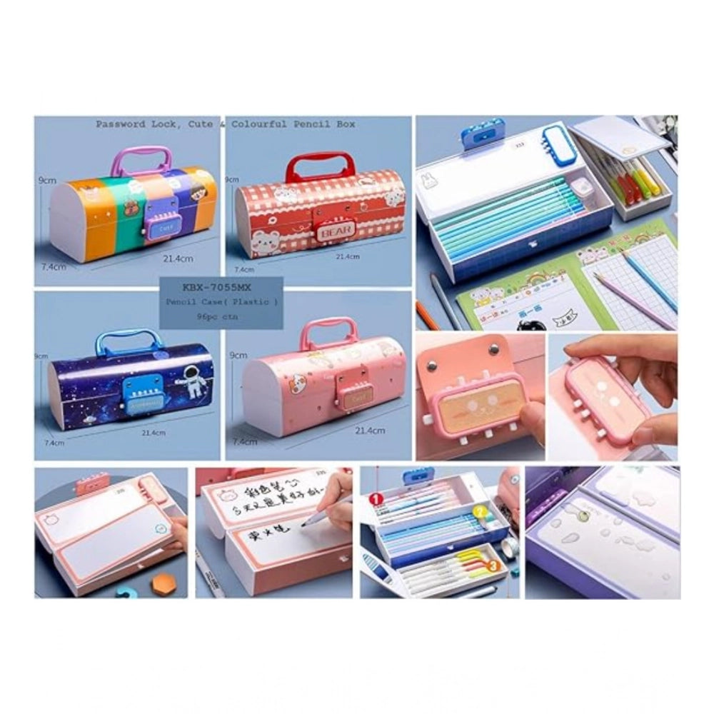 Multicolored plastic pen with pencil box suitcase style password lock
