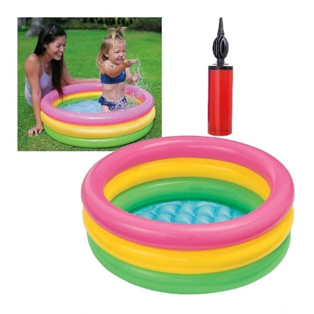 Multi-colored plastic kids' bath tub with pump (2 ft round) for playtime fun