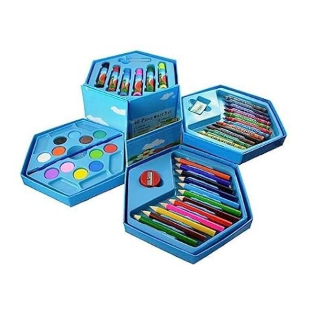 Multicolor 46-piece plastic art set with paintbrushes and crayons, clear plastic container