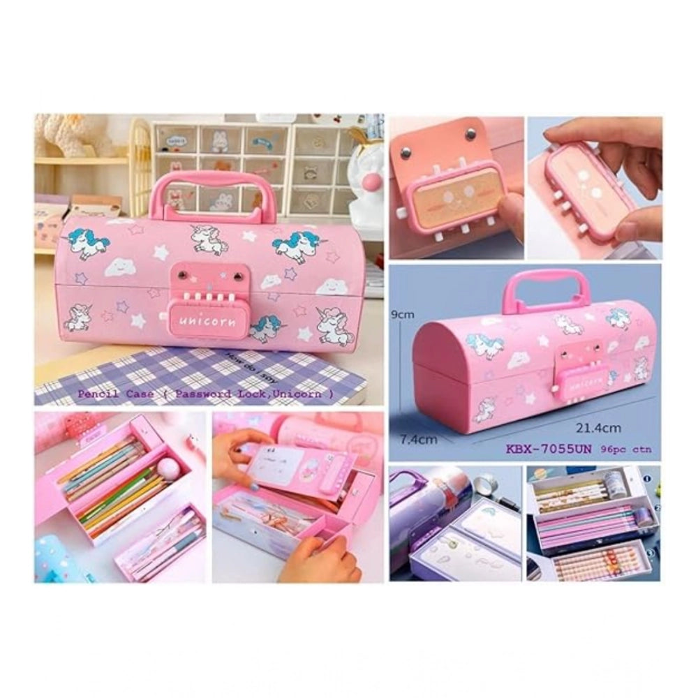 Plastic pen in pink and white, resembling a suitcase with a password lock