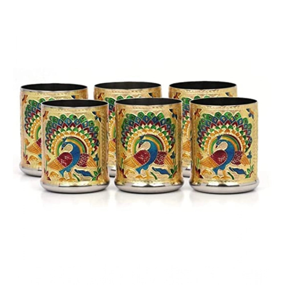 Gold steel Meenakari peacock design decorative glass tumblers set, detailed with intricate artwork