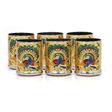Gold steel Meenakari peacock design decorative glass tumblers set, detailed with intricate artwork