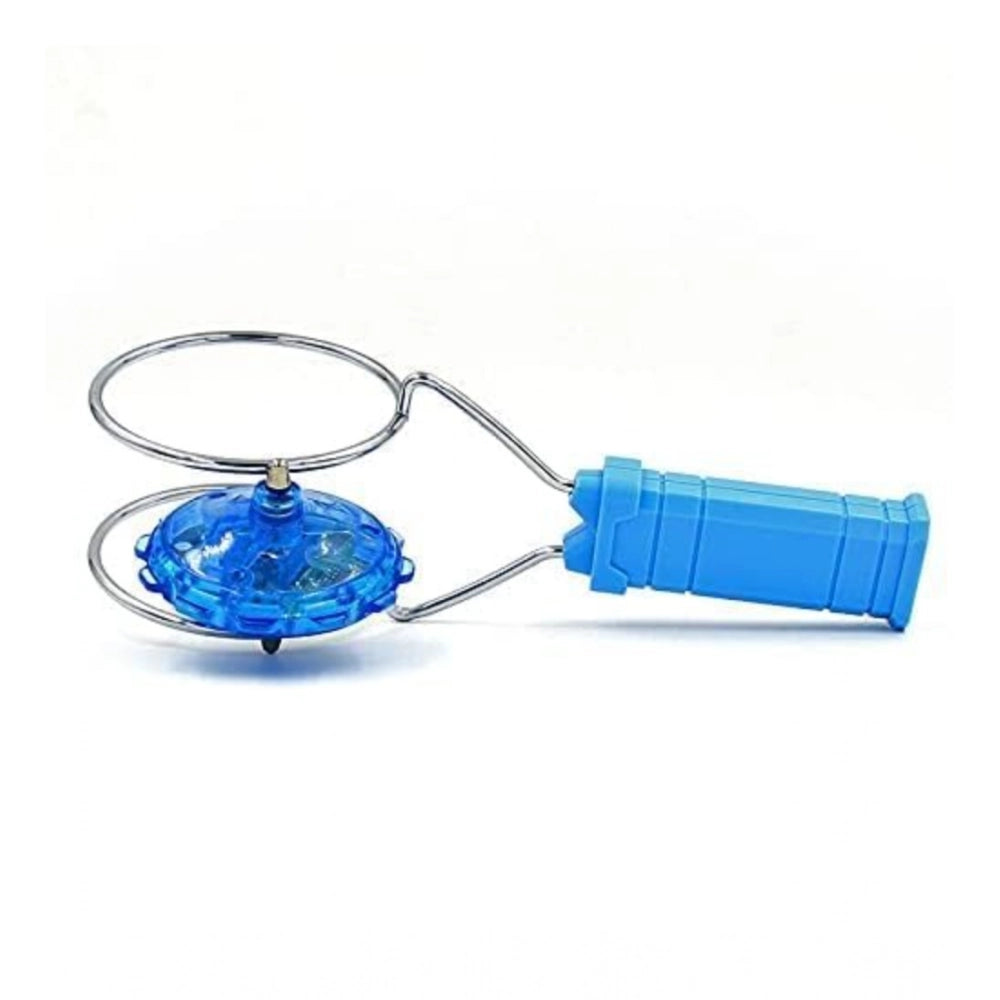 Multi-colored plastic magnetic gyro wheel toy, spinning with flashing lights on a play mat