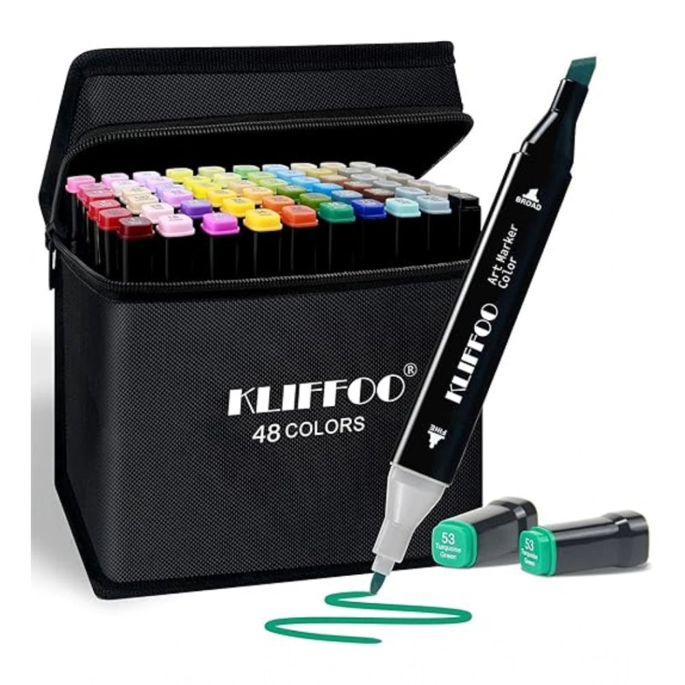 Multicolored art markers in plastic case with dual tip pen
