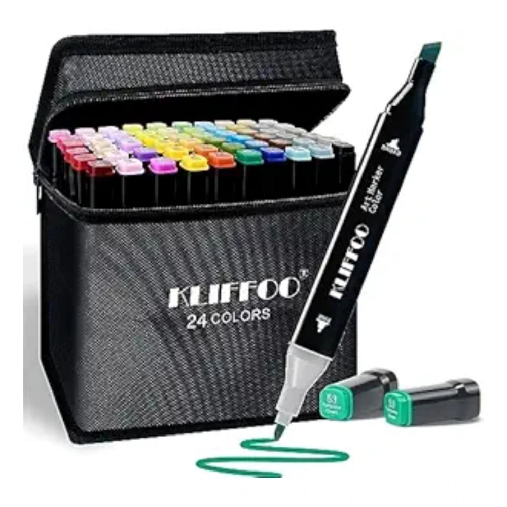 24-piece multicolored set of dual-tip art markers in storage case