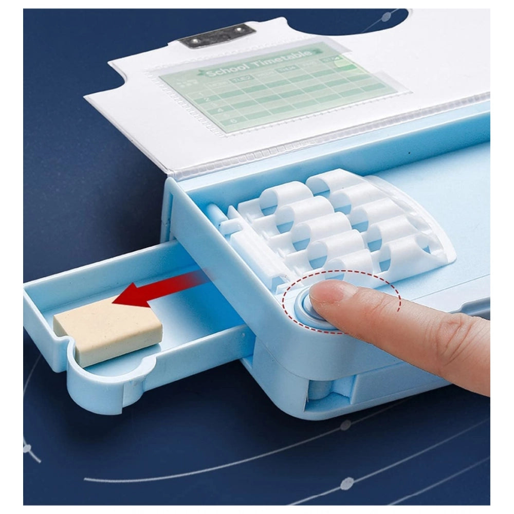 Multicolored plastic magnetic pencil case with sharpener and compass