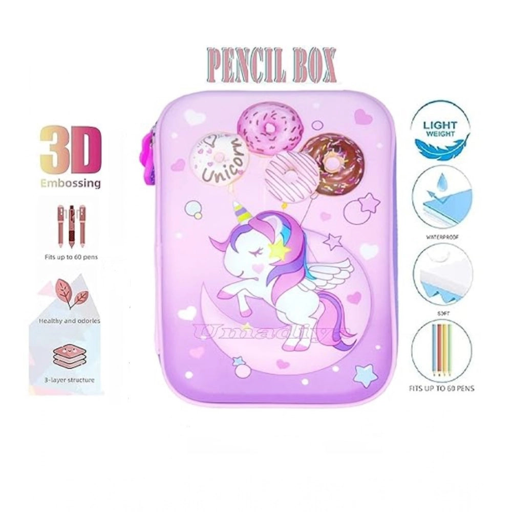 Purple unicorn pencil box with embossed cover