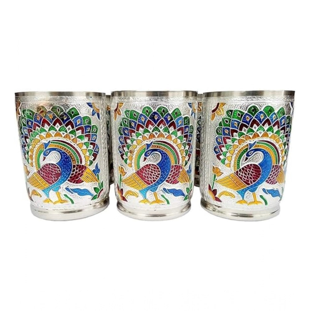 Steel Meenakari peacock design silver tumbler set, intricate glassware decor with peacock motif