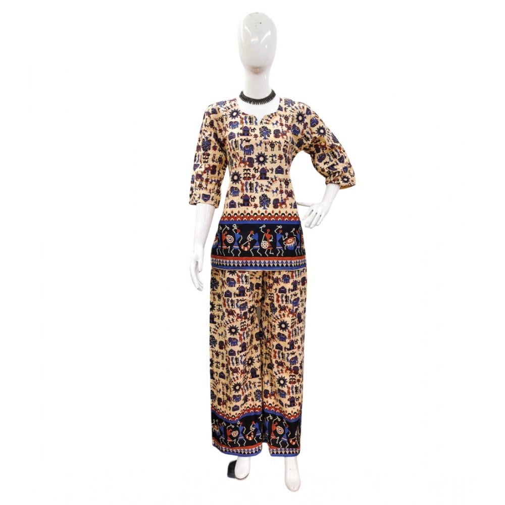 Multicolor cotton Jaipuri printed 3/4 sleeve co ord set for women, stylish sweetheart neckline on display