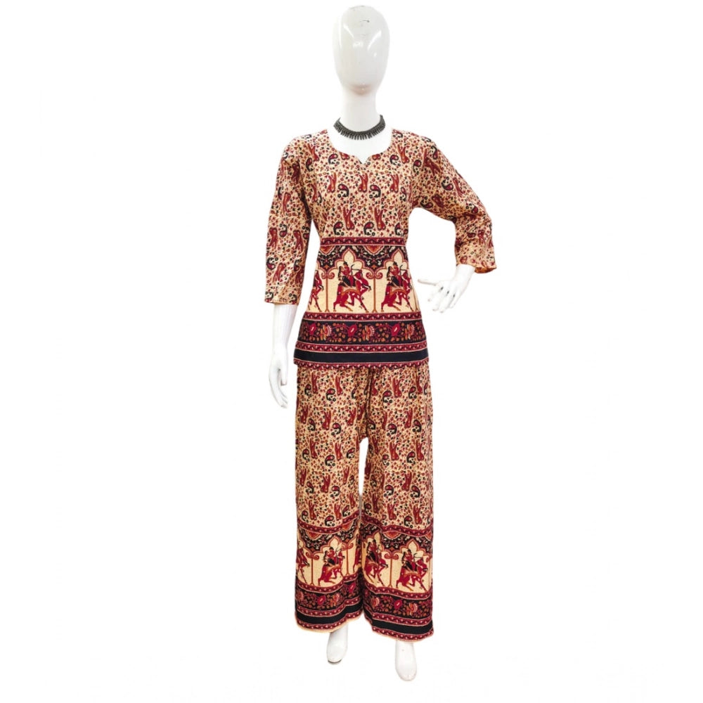 Multicolor cotton Jaipuri printed women's coord set with 3/4 sleeves, sweetheart neckline