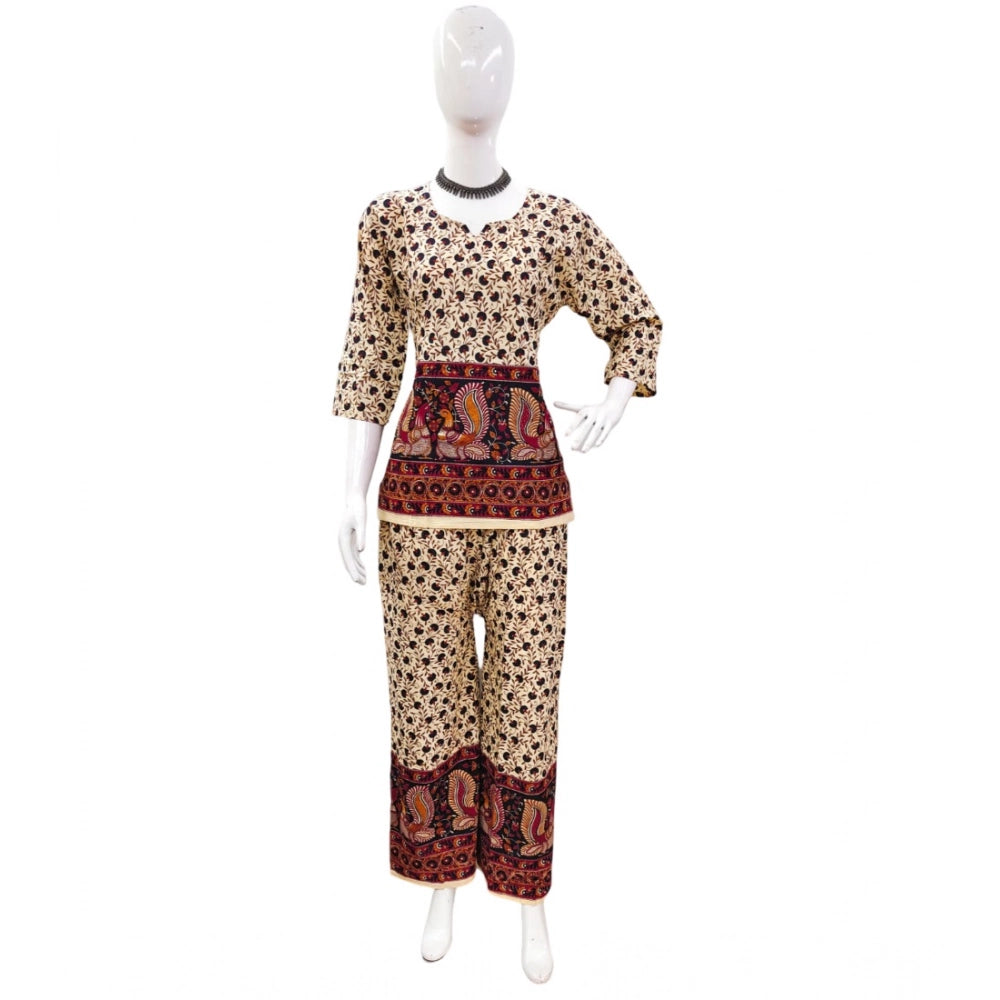 Multicolor cotton Jaipuri printed women's co ord set with 3-4th sleeve and sweetheart neck