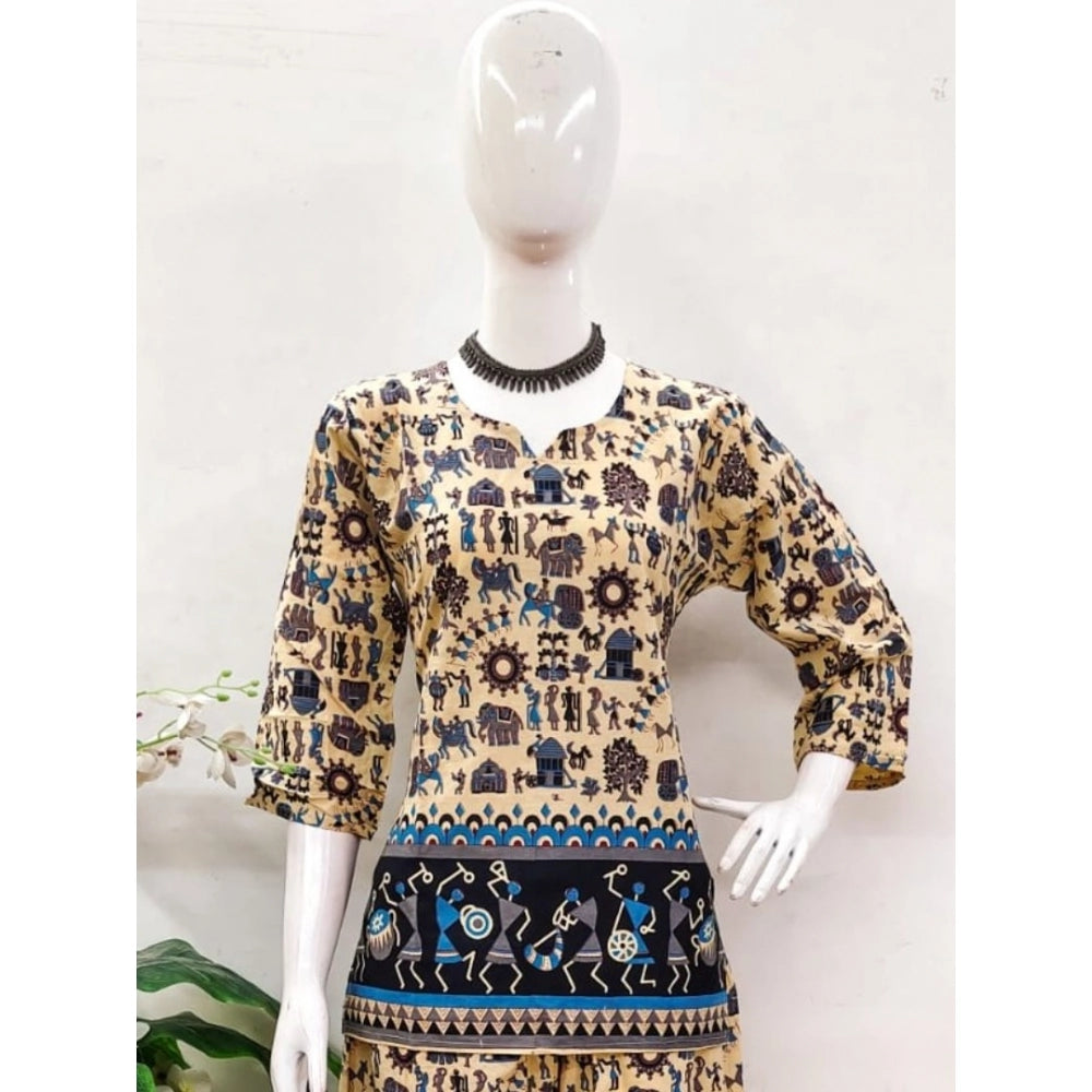 Multicolor cotton Jaipuri printed 3/4 sleeve coord set for women, featuring sweetheart neckline
