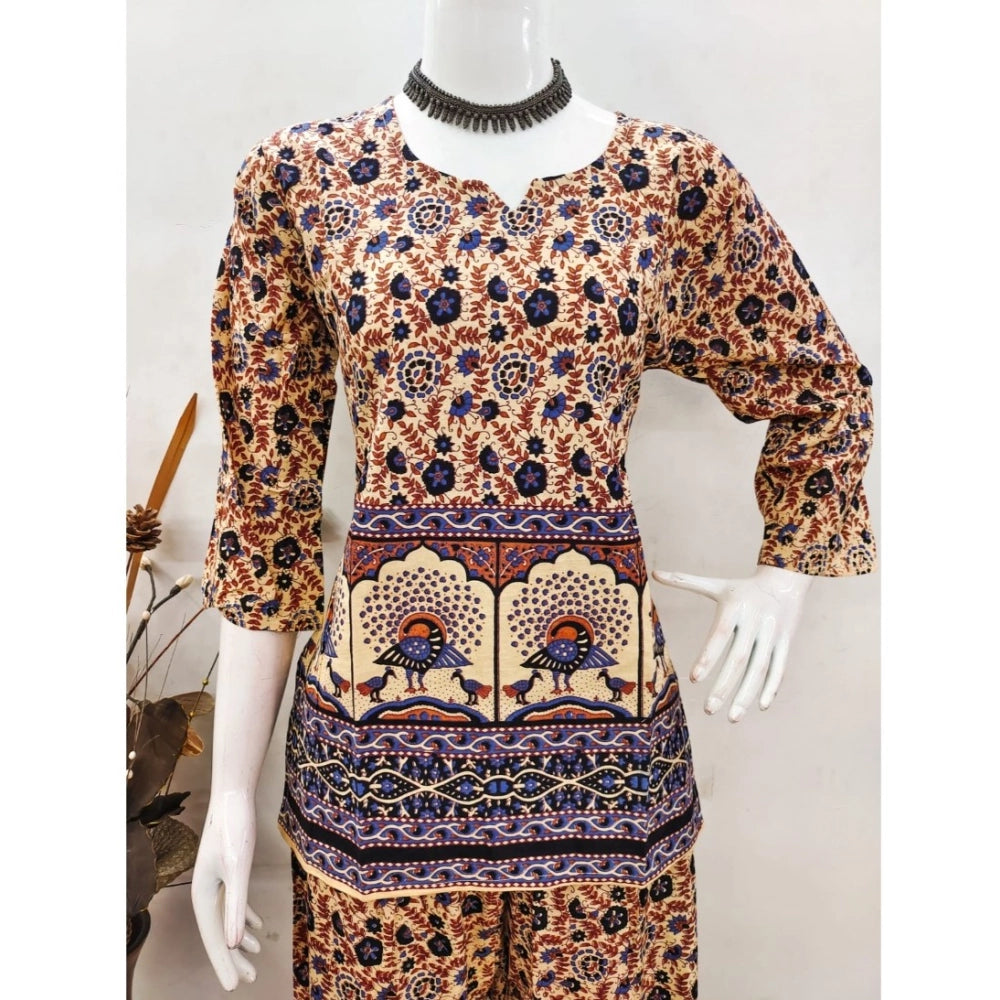 Multicolor cotton Jaipuri printed women's co ord set with 3-4th sleeves, sweetheart neckline