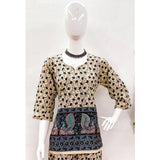 Multicolor cotton Jaipuri printed 3-4th sleeve co ord set, vibrant women's fashion for special occasions