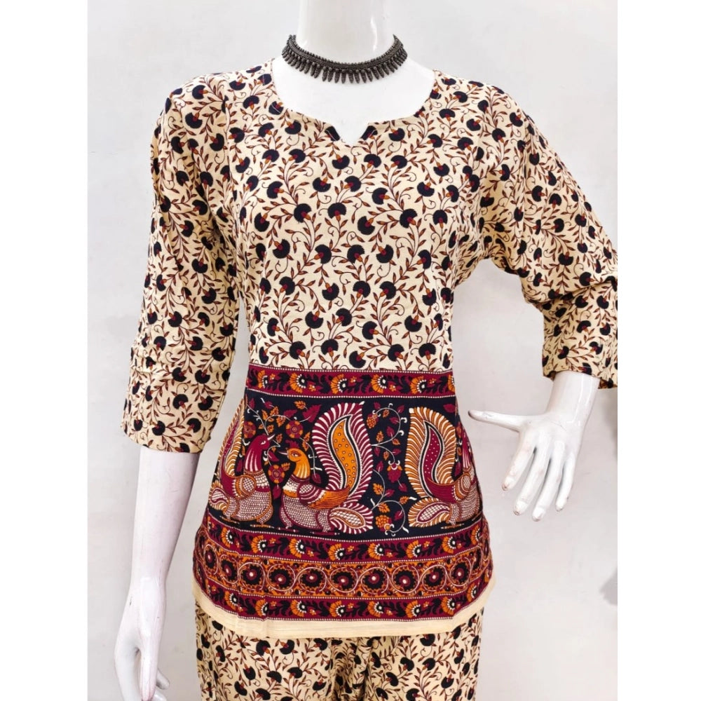 Multicolor cotton Jaipuri printed women's co-ord set with 3-4th sleeves, sweetheart neckline
