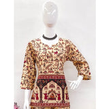 Multicolor cotton Jaipuri print 3/4 sleeve co-ord set with sweetheart neckline, fashionable women's outfit on mannequin