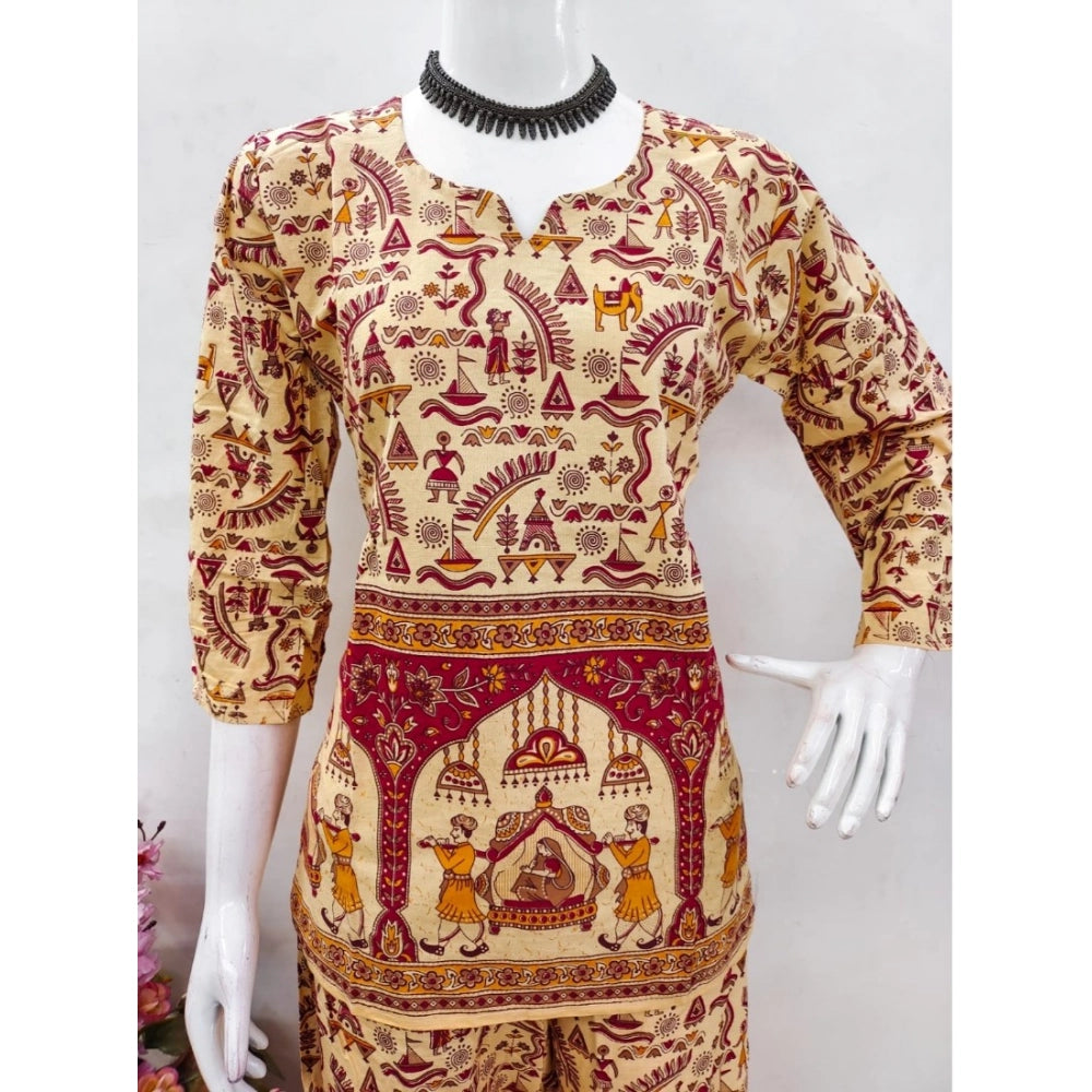 Multicolor cotton Jaipuri printed co ord set with sweetheart neckline and 3-4th sleeves
