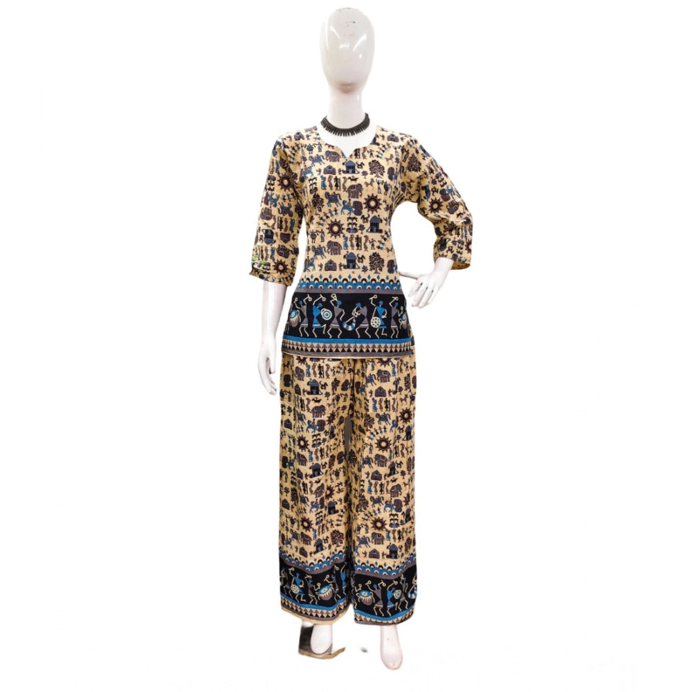 Multicolor cotton Jaipuri printed 3/4 sleeve co ord set for women, vibrant sweetheart neckline