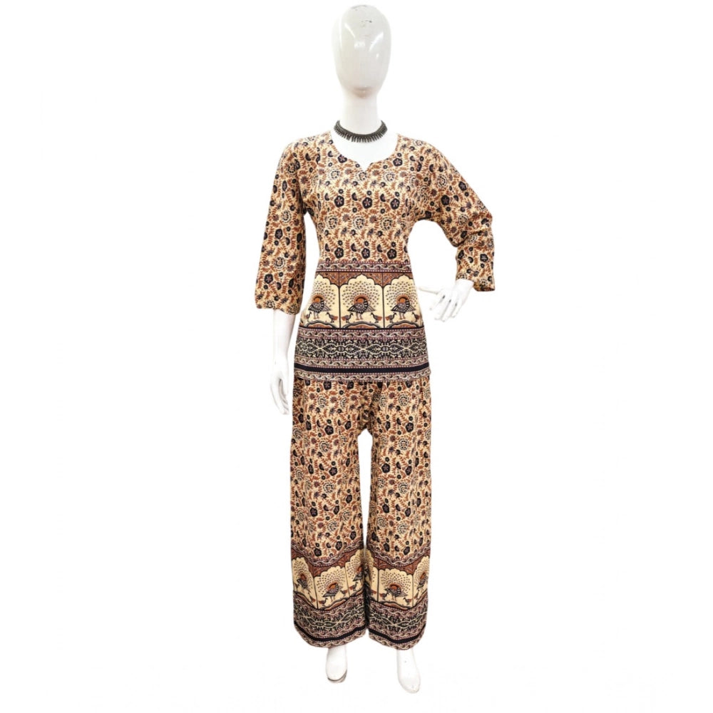 Multicolor cotton Jaipuri printed women's co-ord set with sweetheart neckline and 3/4th sleeves